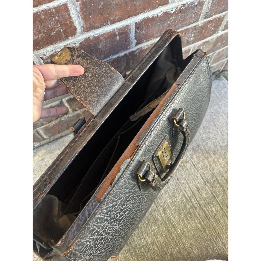 Antique Doctor Bag Physicians Black Pebble Grain Leather Art Deco Brass MCM Vtg